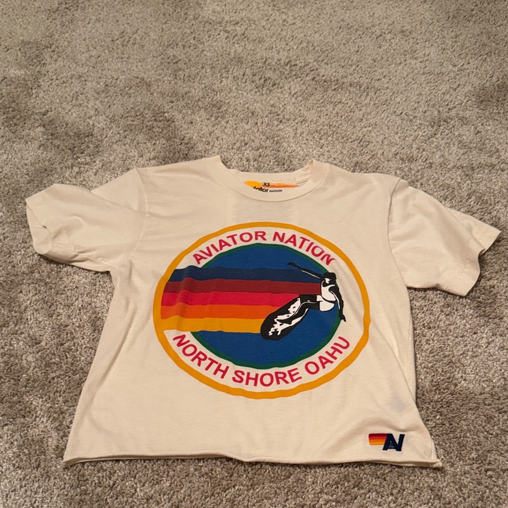 Aviator Nation Cream Tee with Rainbow and Surf Graphic